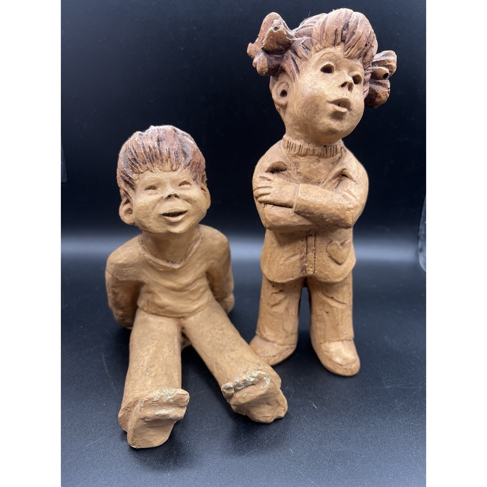 Vintage Lee Bortin Original Boy Girl Siblings Clay Figurines Heart Sitting 8.5"